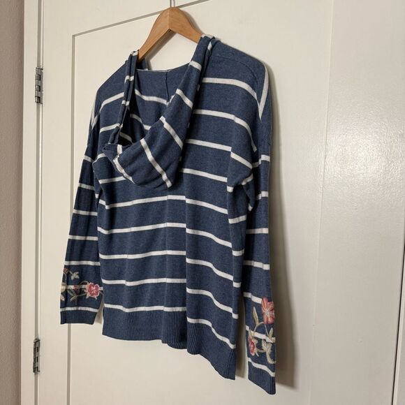 J Jill Sweater Sz XS Petite Blue Striped V Neck Embroidered Hooded Oversized - Picture 9 of 14